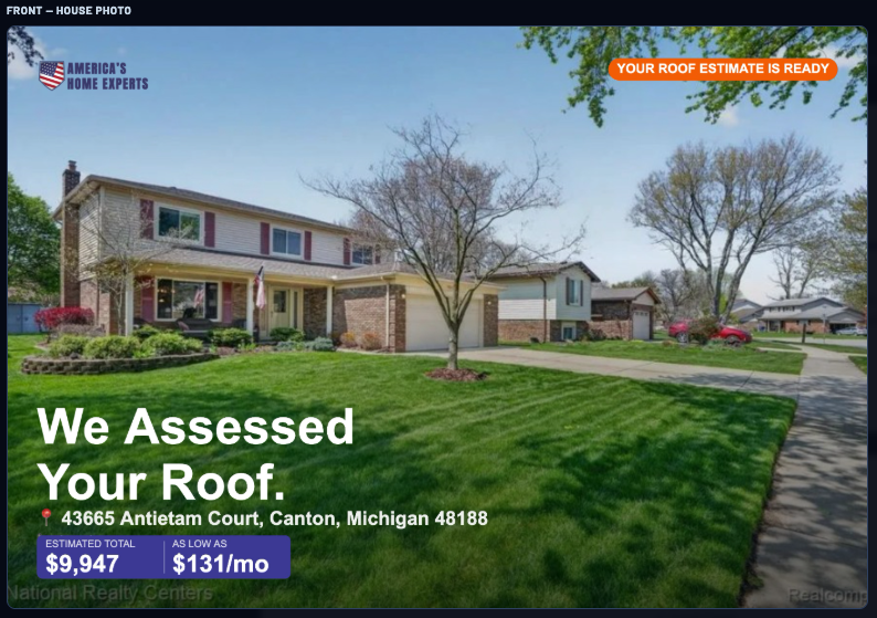 BidDrop postcard front — house photo with real roof estimate