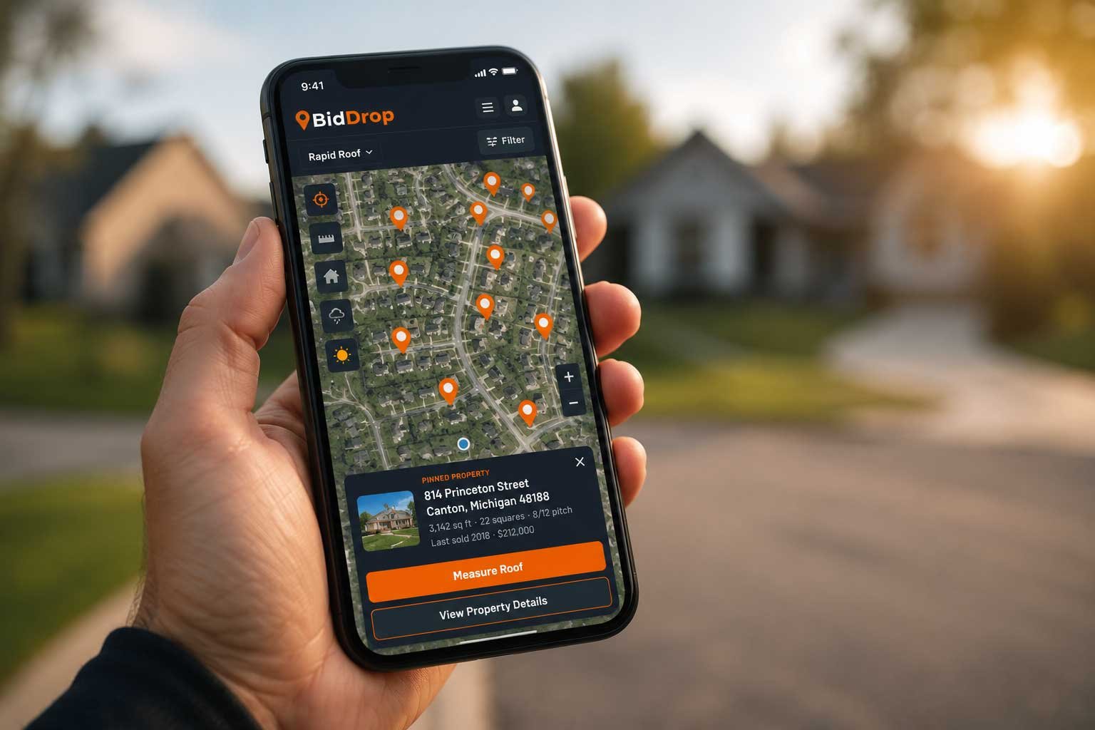 BidDrop app on a phone, showing pinned properties on a neighborhood map, held up in front of a house
