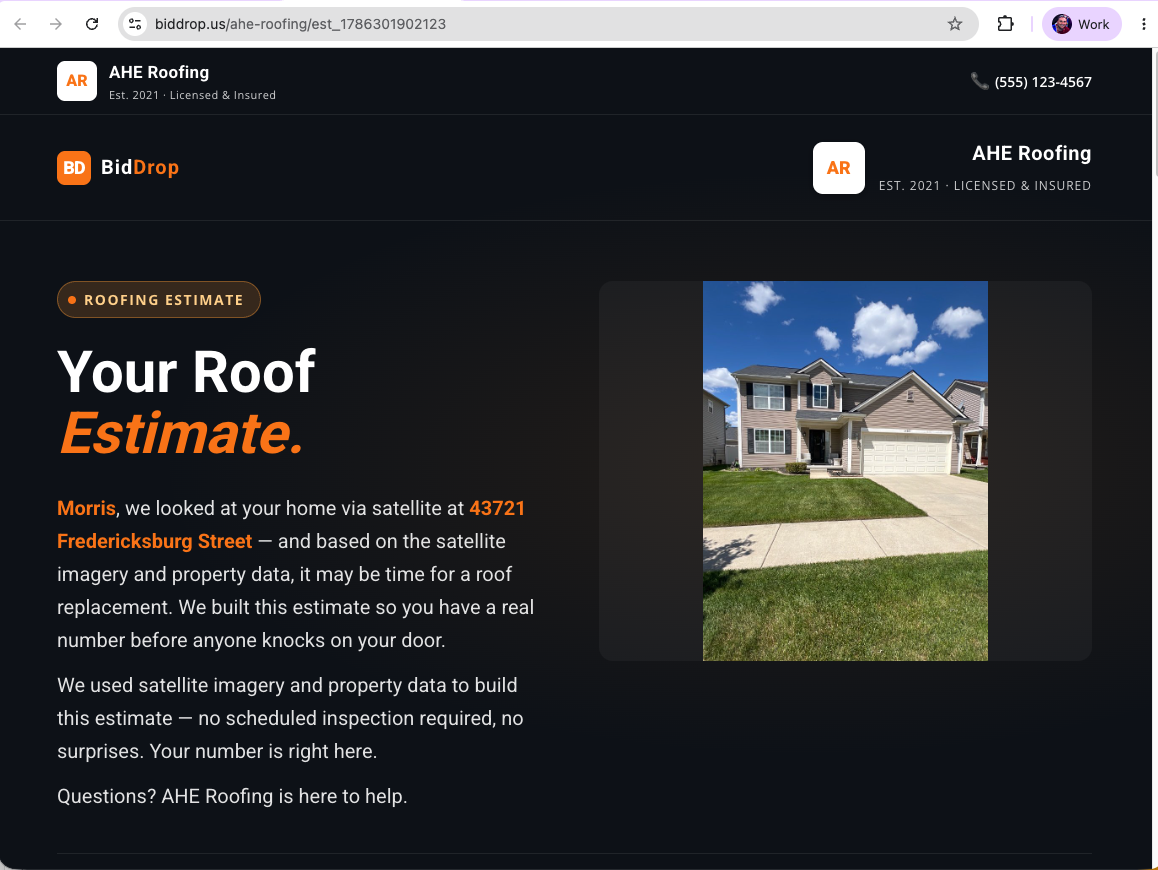 BidDrop homeowner estimate webpage